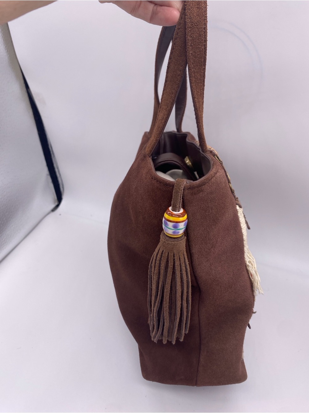 St. John's Bay Brown Suede Shoulder Tote with Girl & Scottie Appliqué - Picture 3 of 8